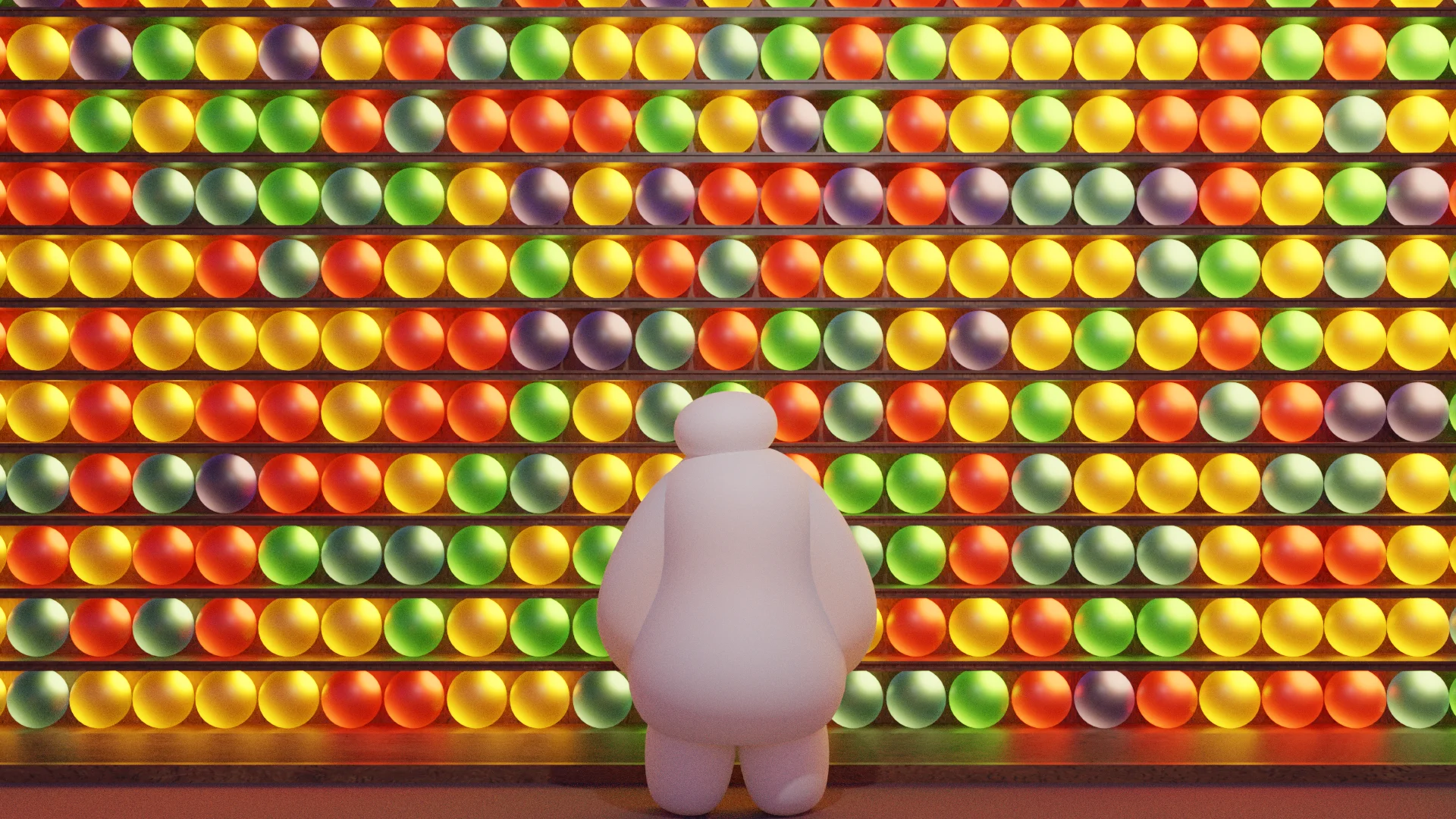 Baymax staring inquisitively at a wall of memory orbs from Inside Out