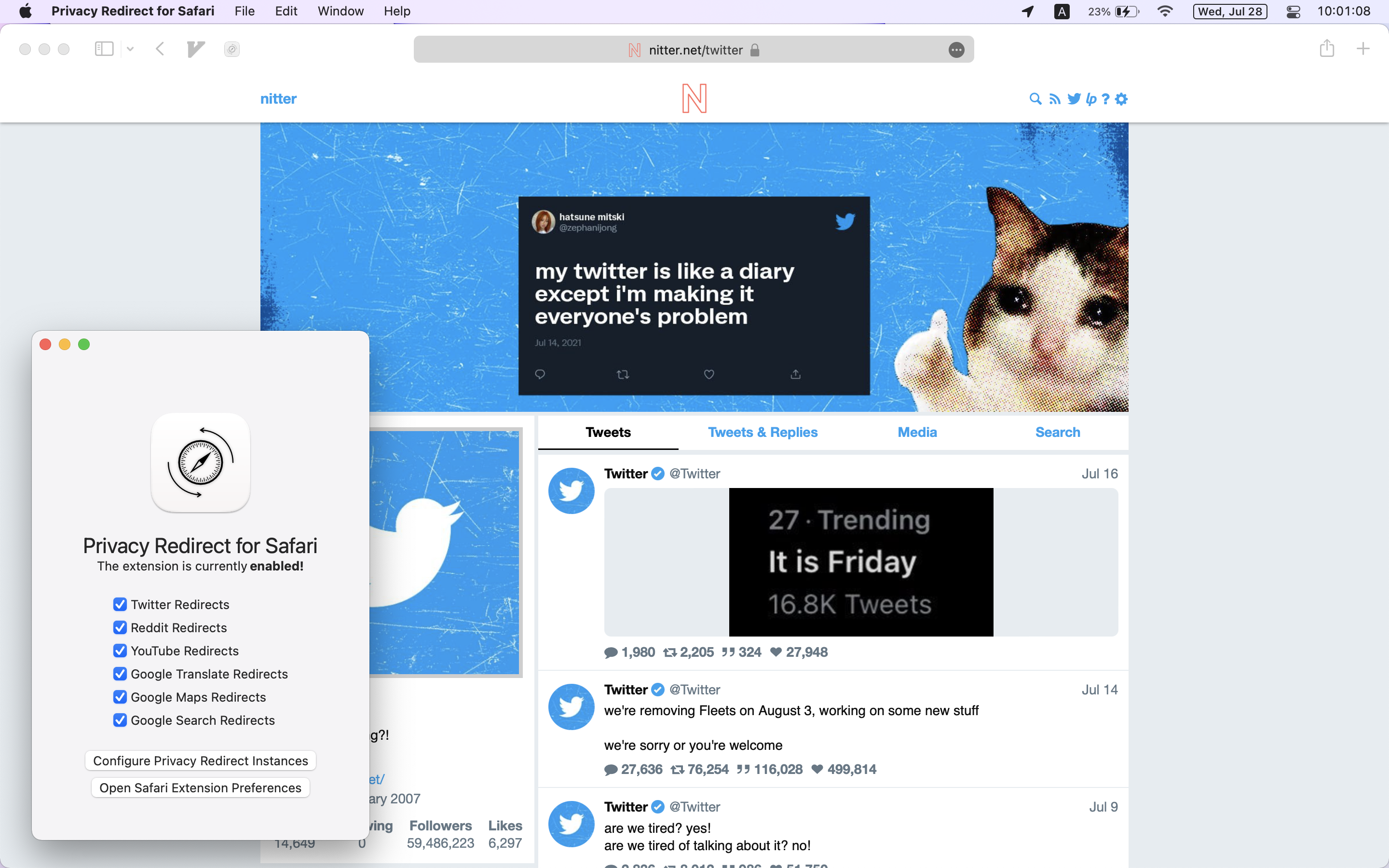 Privacy Redirect for Safari next to a Safari window open to Nitter